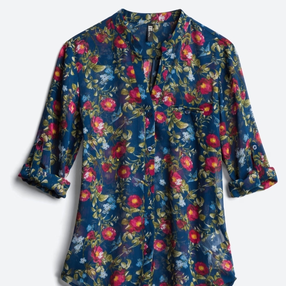 Kut from the Kloth Navy Floral Button-Down Blouse